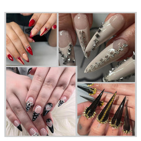 OPMADM finished manicure on hand showing gold and black studs for dramatic effect