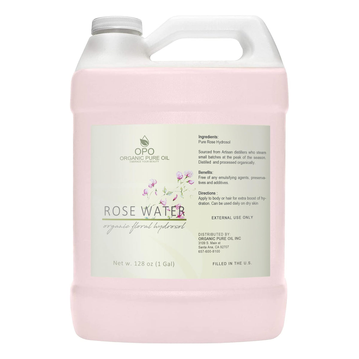 OPO rose hydrosol front bottle showing full gallon for easy refill benefits
