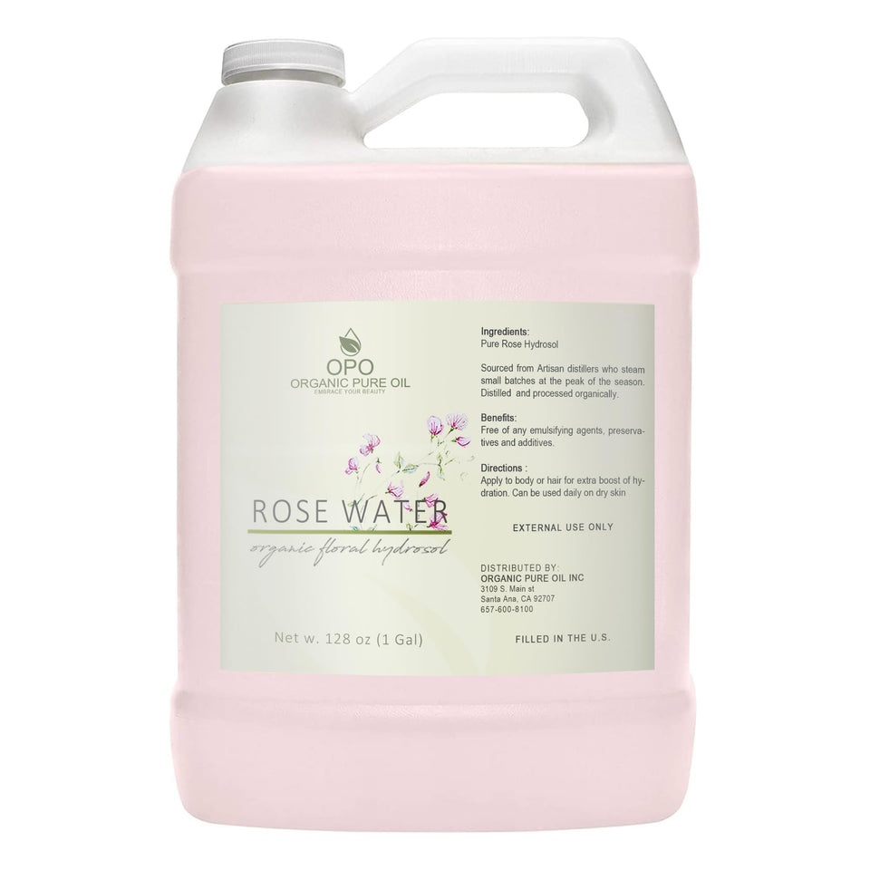 OPO rose hydrosol front bottle showing full gallon for easy refill benefits