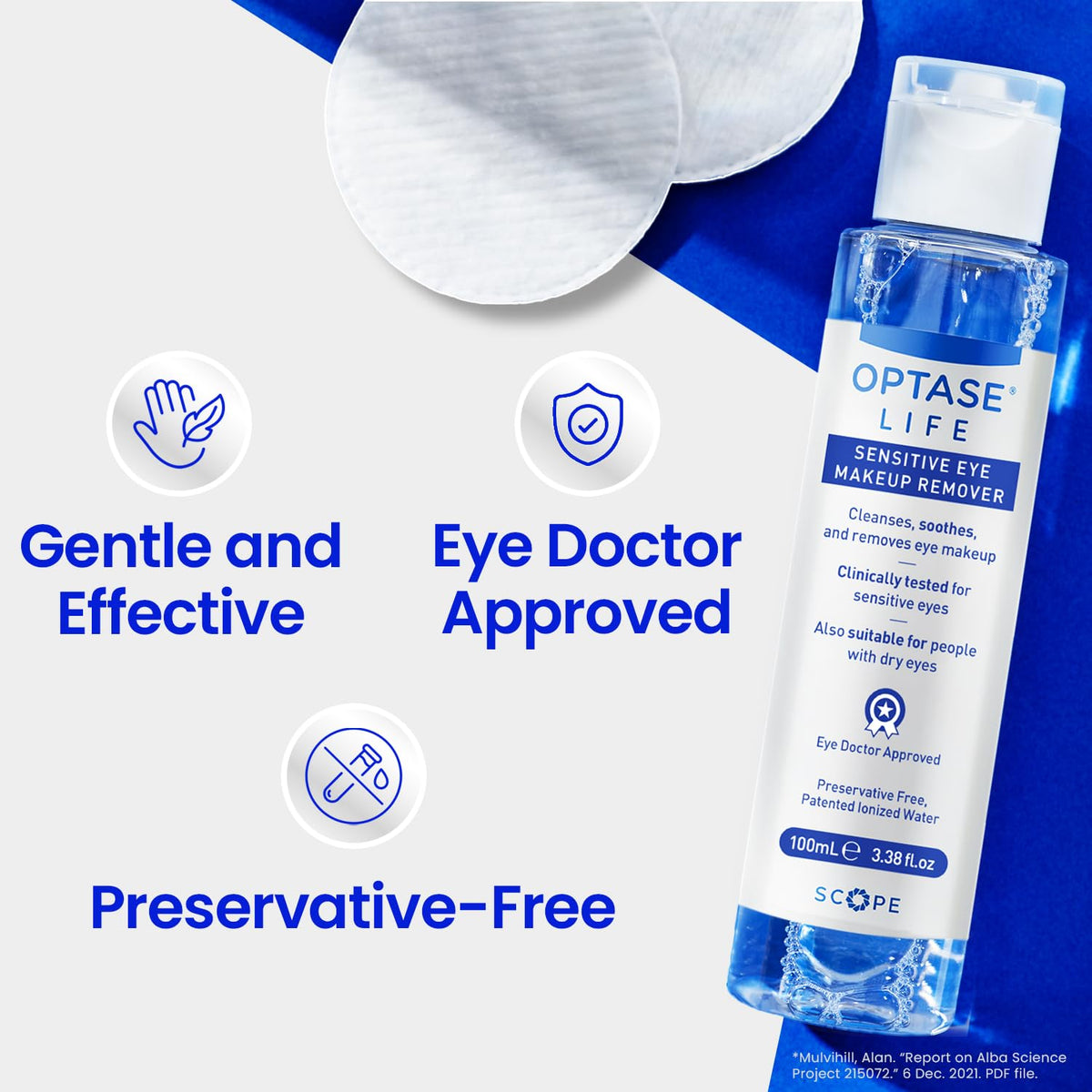 Optase Life applied to cotton pad removing mascara for gentle cleansing