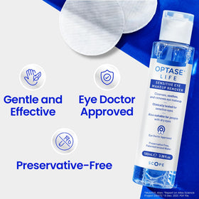 Optase Life applied to cotton pad removing mascara for gentle cleansing