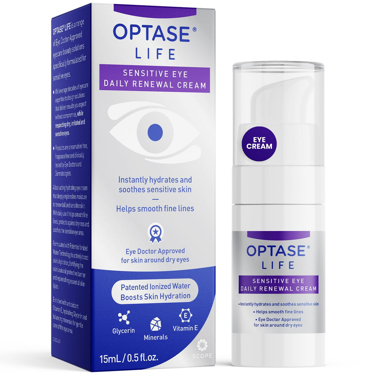 Optase LIFE front jar view showing clean packaging and 15ml size benefit