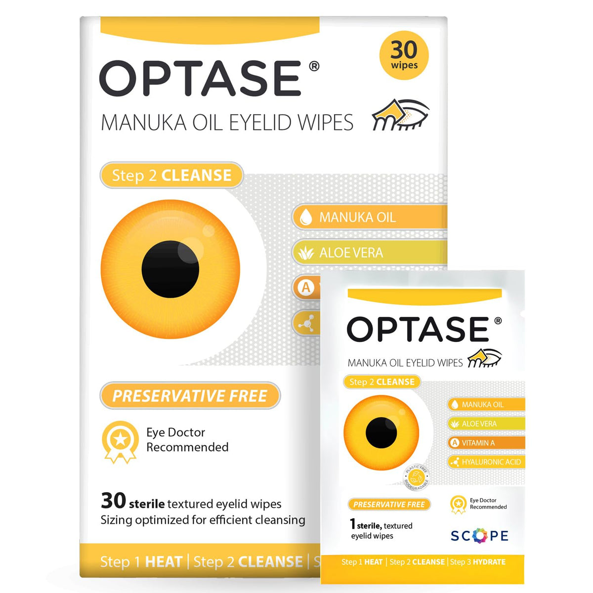 Optase front packaging showing 30 wipes and product benefit