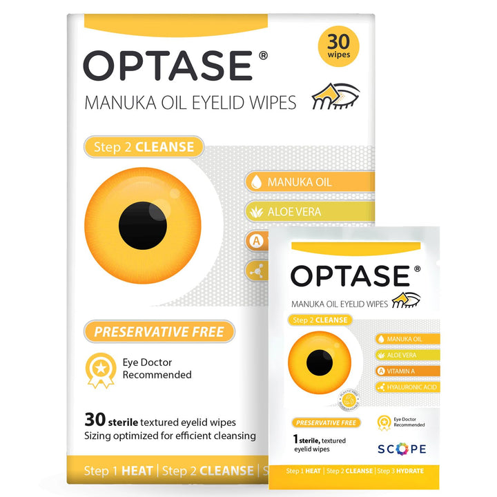 Optase front packaging showing 30 wipes and product benefit