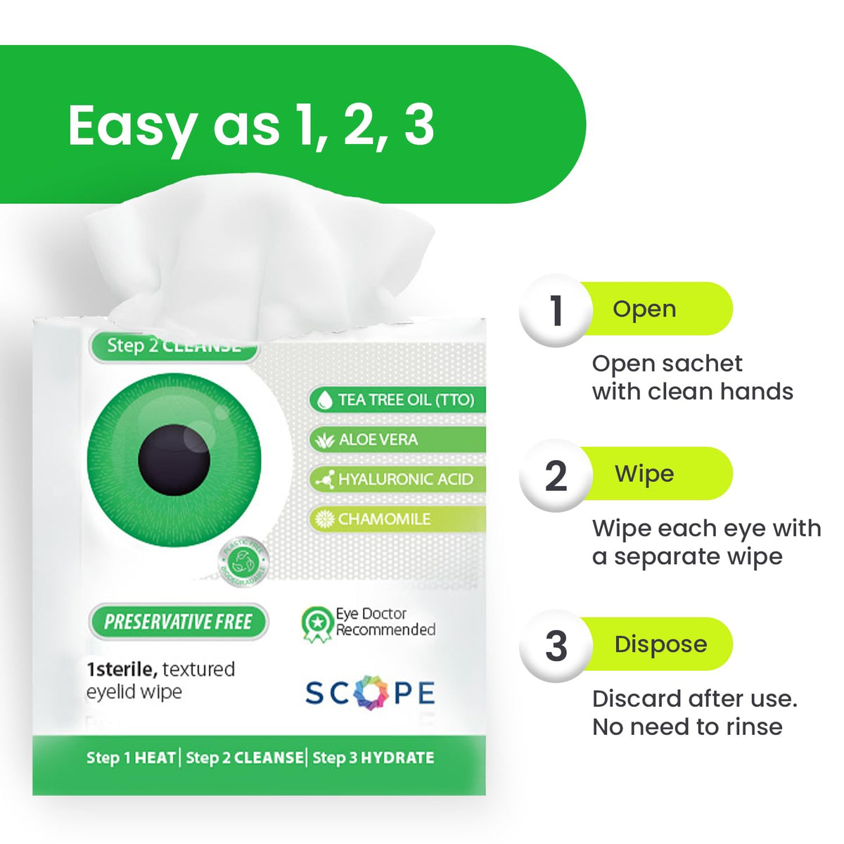 Optase applying wipe along eyelid margin, gentle cleaning benefit