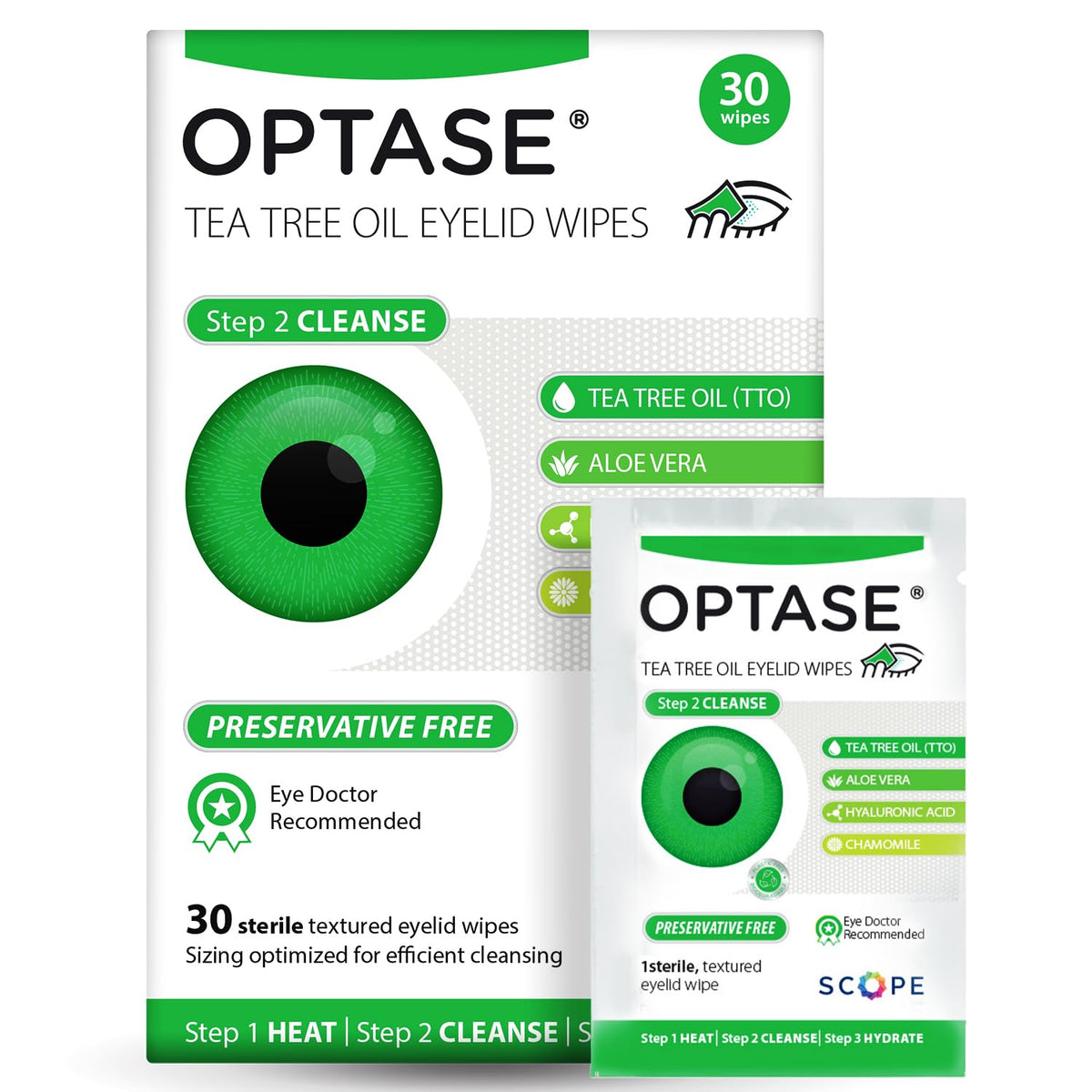 Optase front packaging showing 30-count tea tree wipes, convenient hygiene