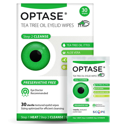 Optase front packaging showing 30-count tea tree wipes, convenient hygiene