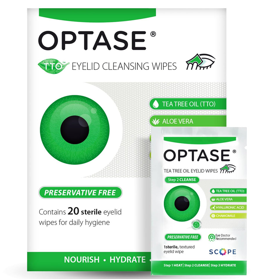 Optase front pack showing 20 individually wrapped eyelid wipes, travel-ready benefit