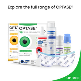 Optase pack on bathroom shelf with other toiletries, illustrating daily-routine fit