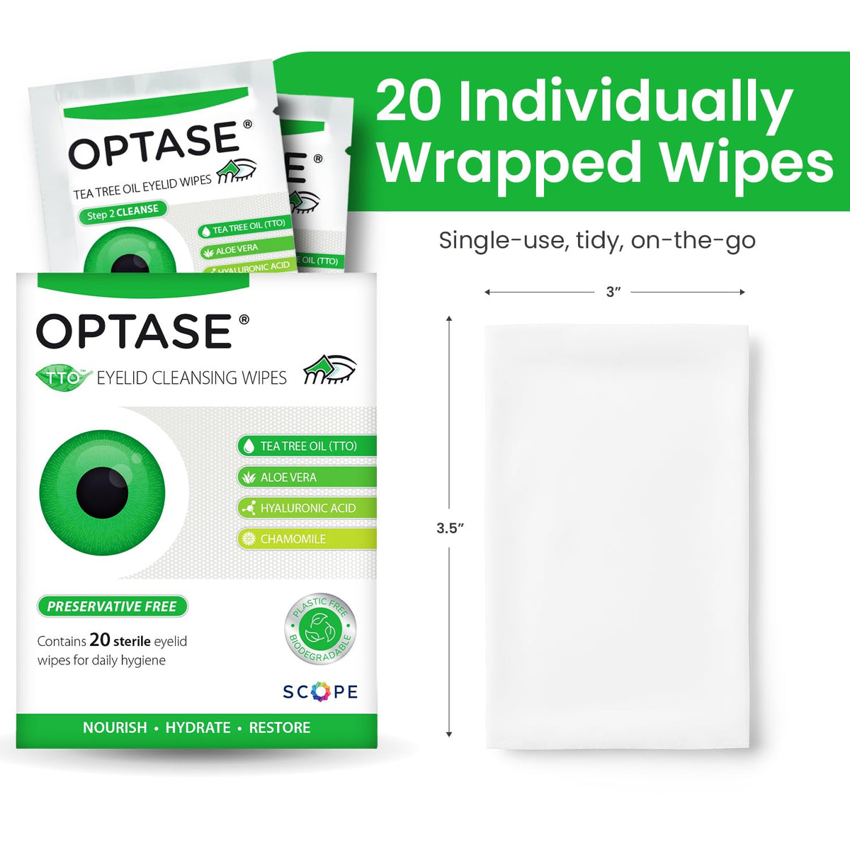 Optase wipe held in hand for scale, showing compact size for carry benefit