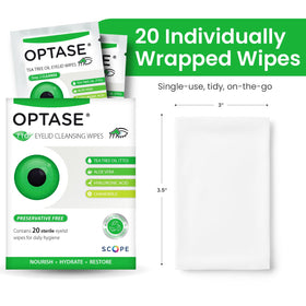 Optase wipe held in hand for scale, showing compact size for carry benefit