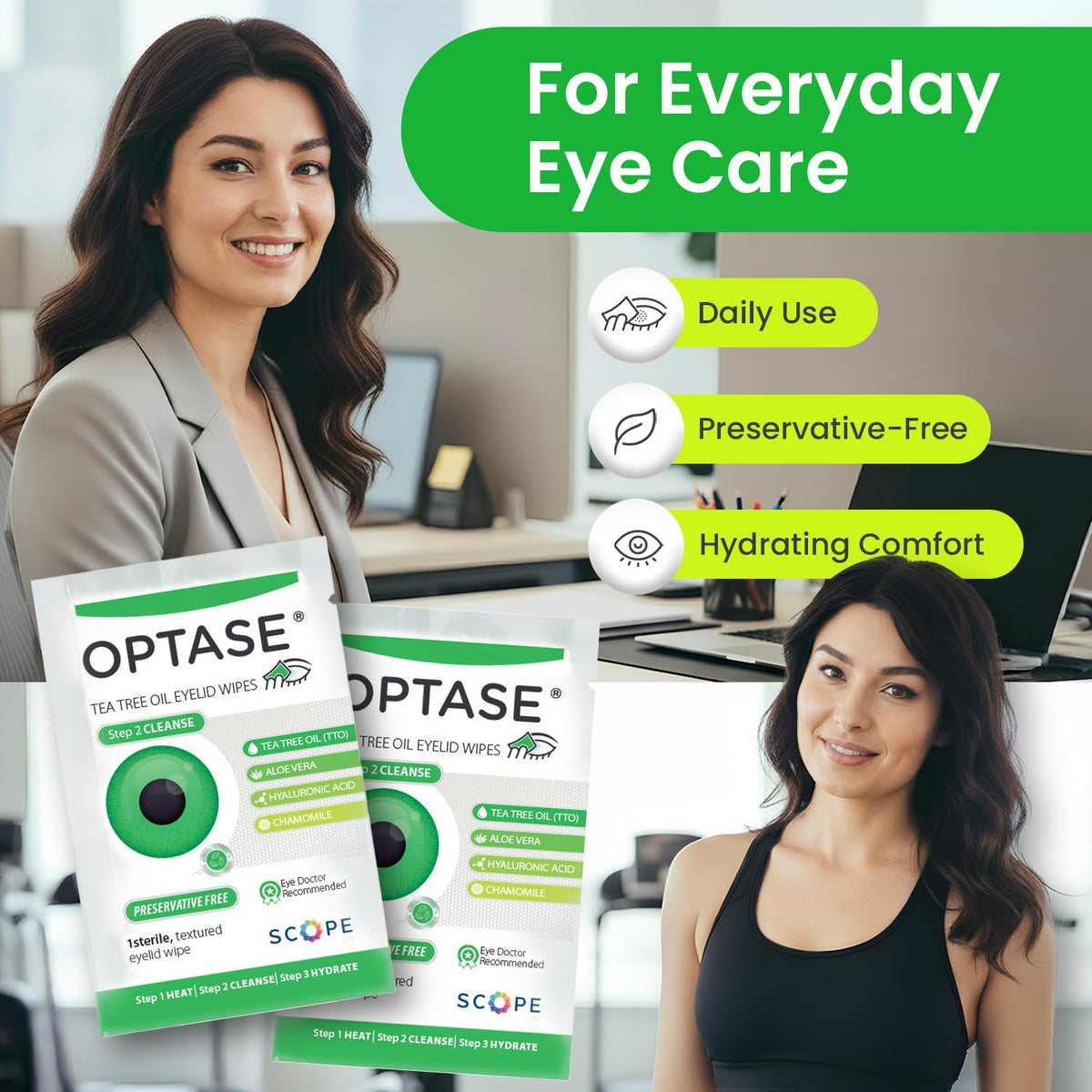 Person cleaning eyelid with Optase wipe, demonstrating effective debris removal