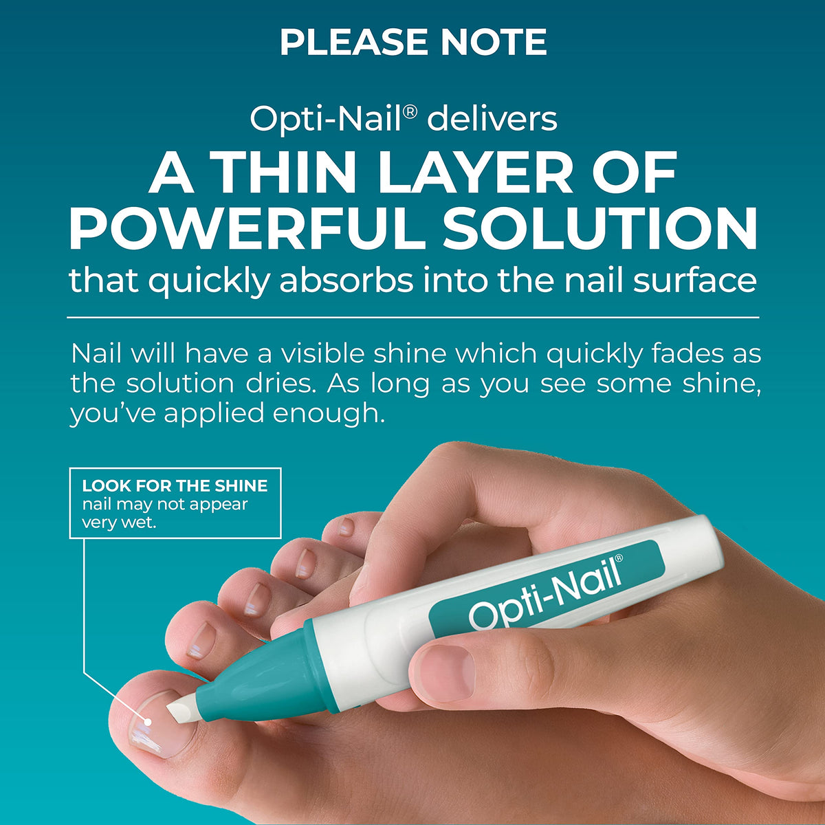 Opti-Nail pen held in hand showing scale and travel-friendly size