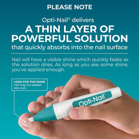 Opti-Nail pen held in hand showing scale and travel-friendly size