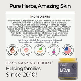 Ora's Amazing Herbal ingredients flatlay with botanicals showing plant-based origin