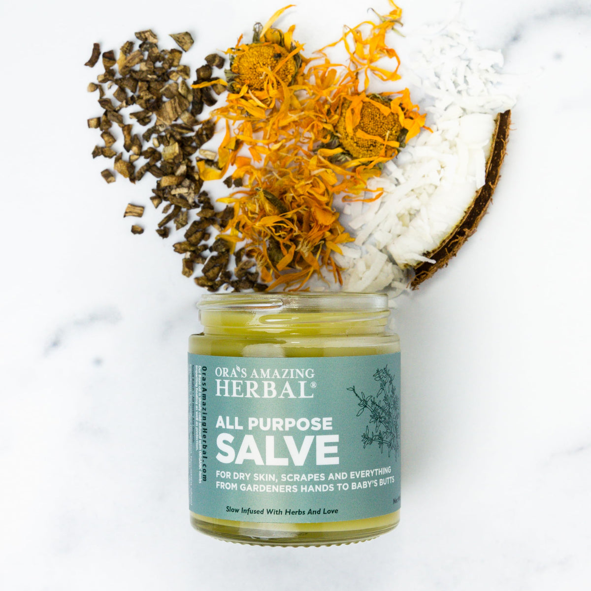 Ora's Amazing Herbal 1 oz and 4 oz jars side-by-side for size and portability