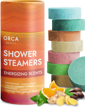 Orca Beauty front box showing eight aromatherapy shower steamers and packaging benefits