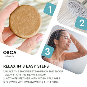 Orca Beauty tablet active in a shower creating aromatic steam for relaxation benefit