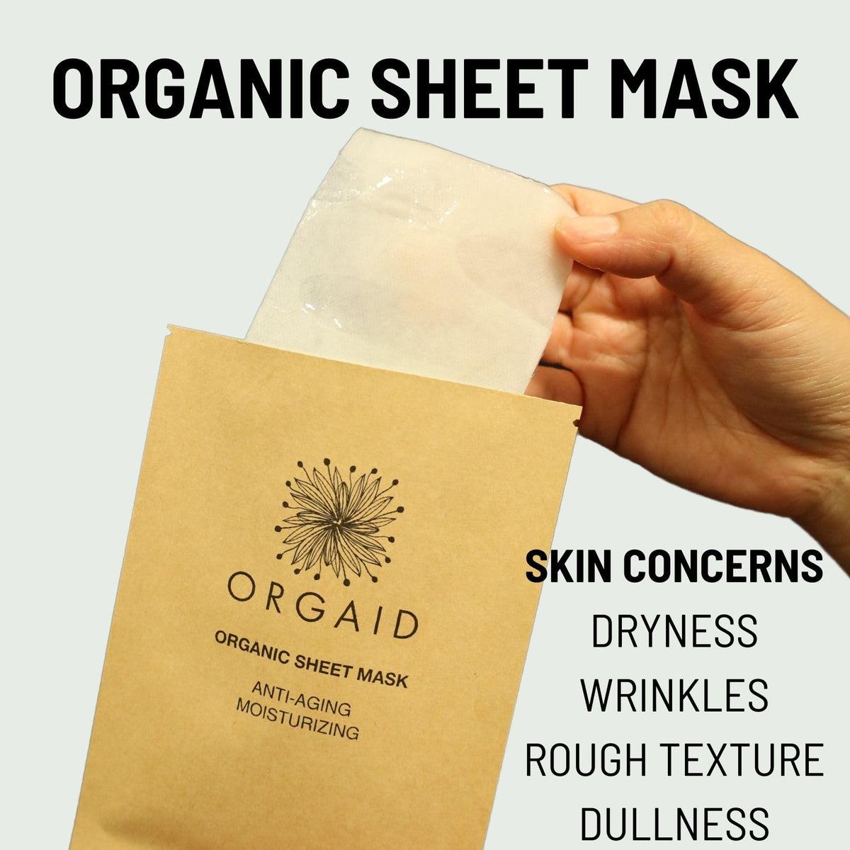 ORGAID model wearing sheet mask illustrating hydration and refreshed appearance