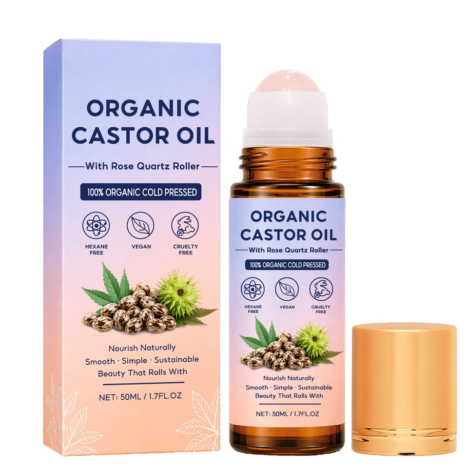 Organic Castor Oil front packaging showing compact bottle and label benefit