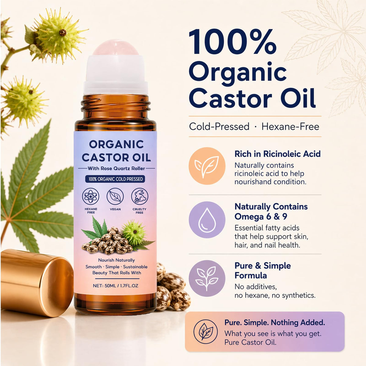 Organic Castor Oil travel-sized bottle fitting into a toiletry bag for convenience