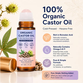 Organic Castor Oil travel-sized bottle fitting into a toiletry bag for convenience