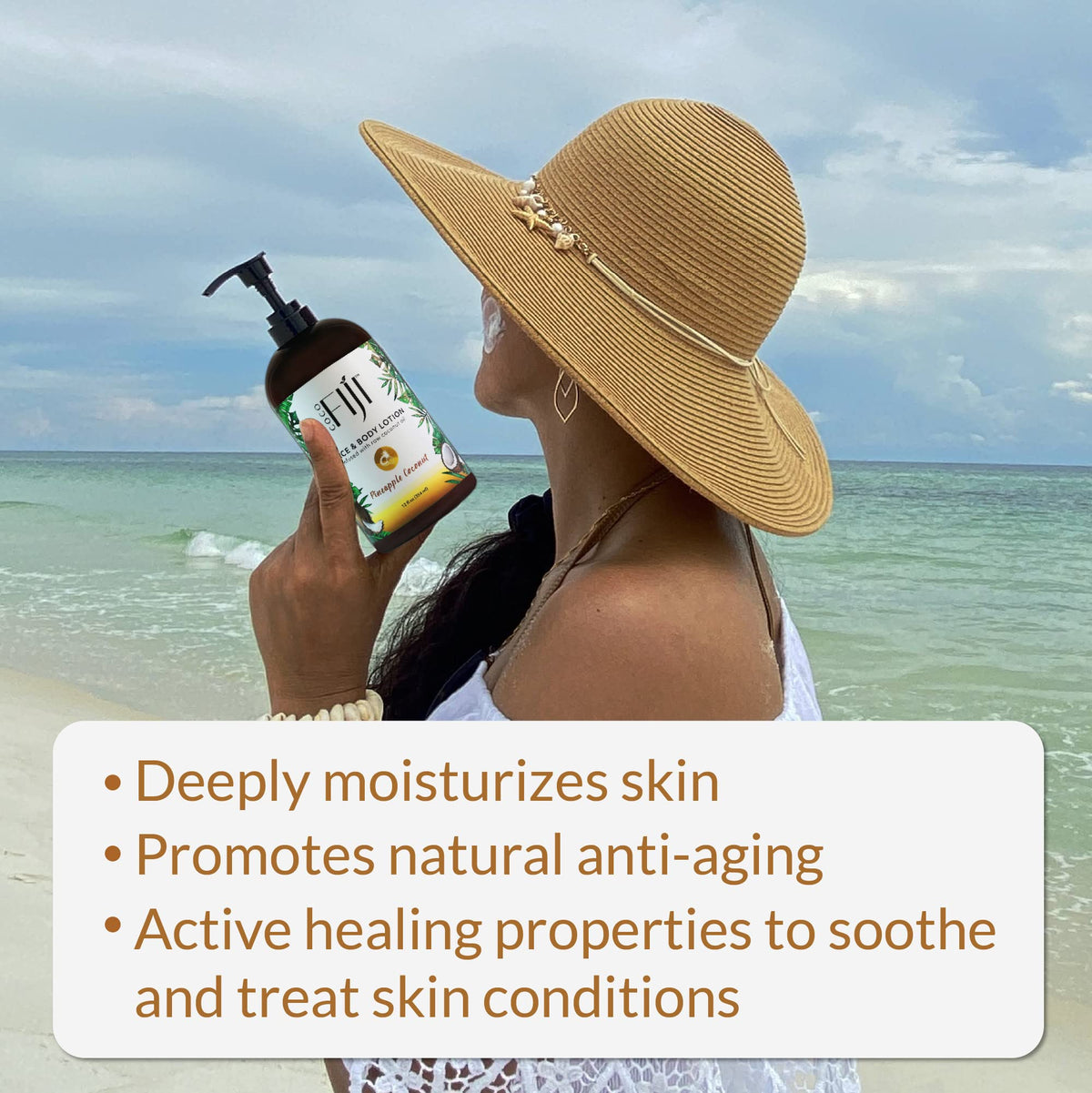 Organic Fiji applying Coco Fiji lotion on hands for immediate softness