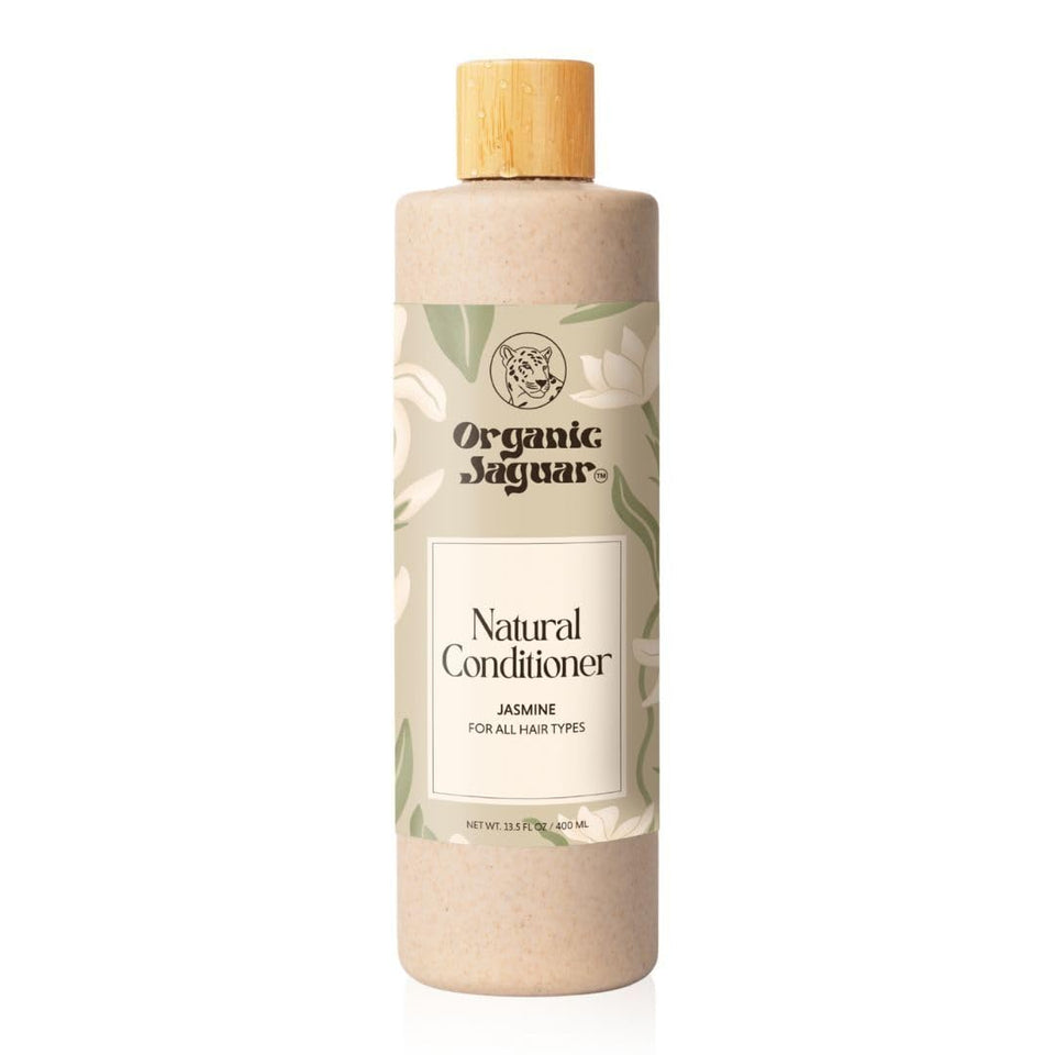 Organic Jaguar front packaging showing jasmine conditioner and eco bottle benefit