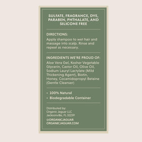 Label and ingredients panel of Organic Jaguar shampoo, showing transparency and ingredient info