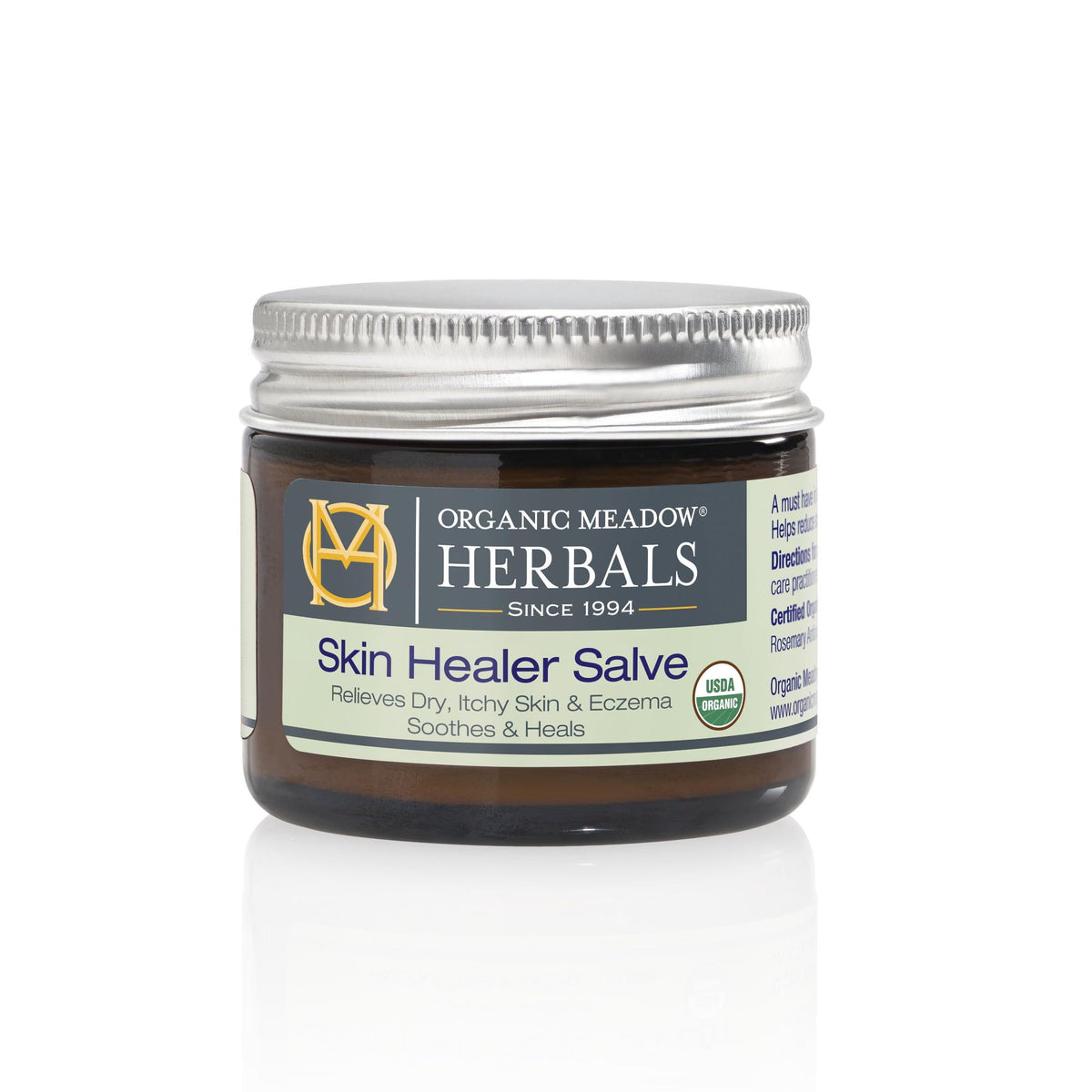 Organic Meadow Herbals front tin showing label and USDA organic benefit