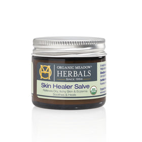 Organic Meadow Herbals front tin showing label and USDA organic benefit