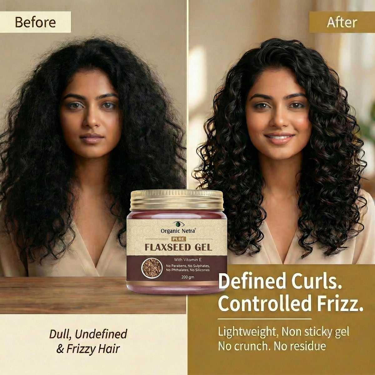 Organic Netra hair before and after image showing improved curl definition