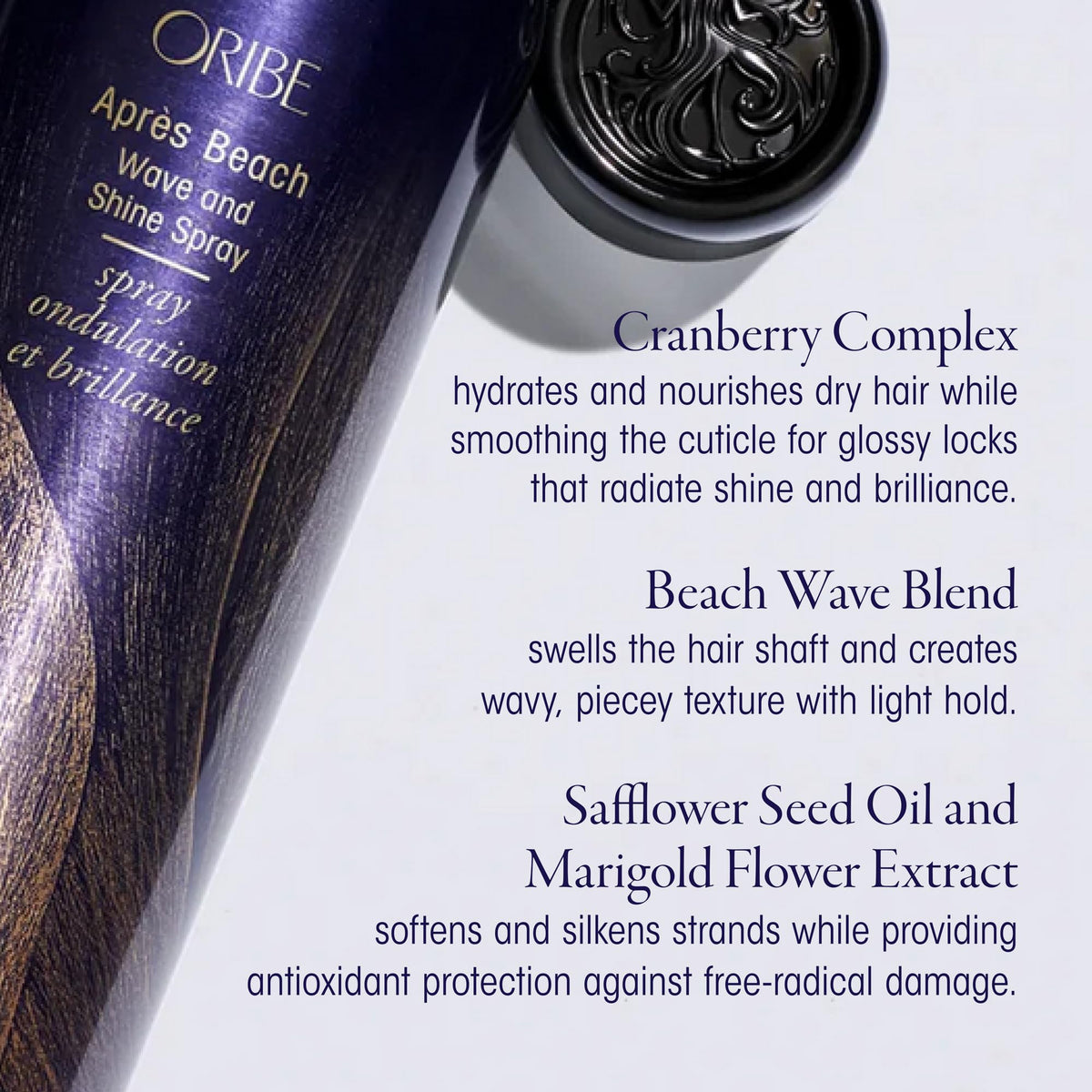 Oribe Après spray texture close-up displaying lightweight mist and glossy finish