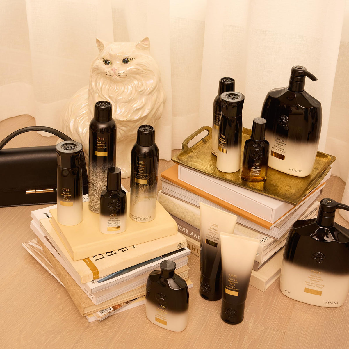 ORIBE product staged on vanity, conveys salon-quality routine and scent