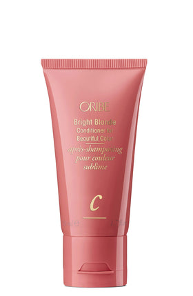 Oribe Bright Blonde front bottle showing label and compact travel size benefit