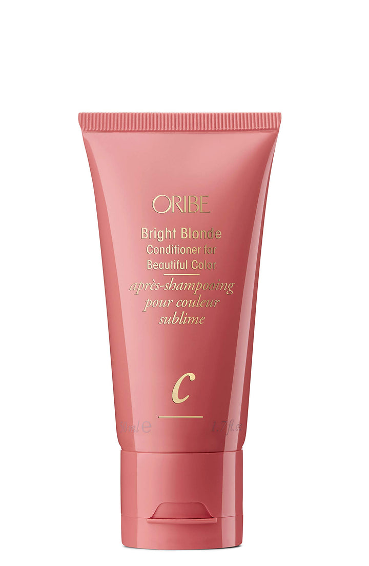 Oribe Bright Blonde front bottle showing label and compact travel size benefit
