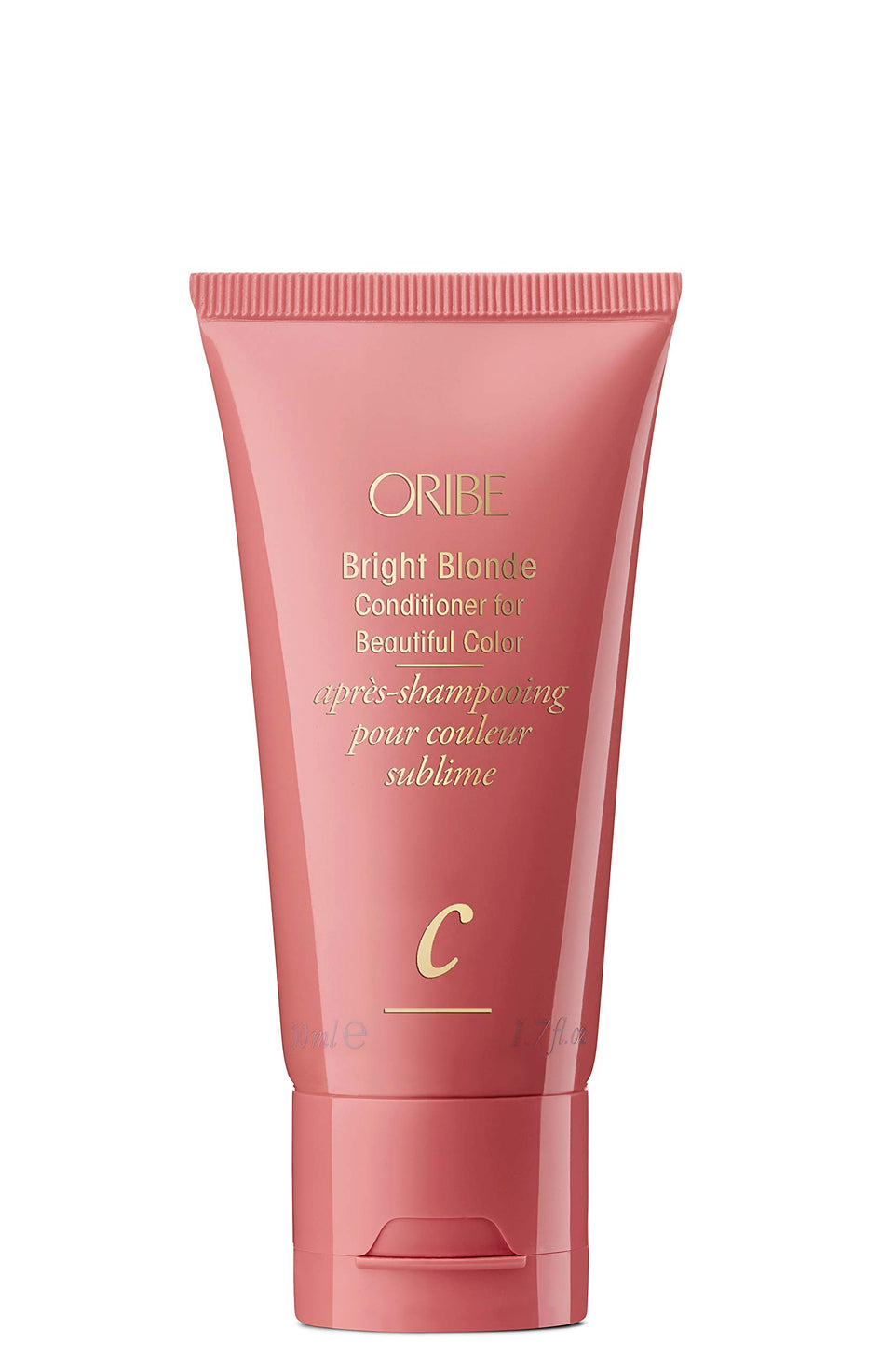 Oribe Bright Blonde front bottle showing label and compact travel size benefit