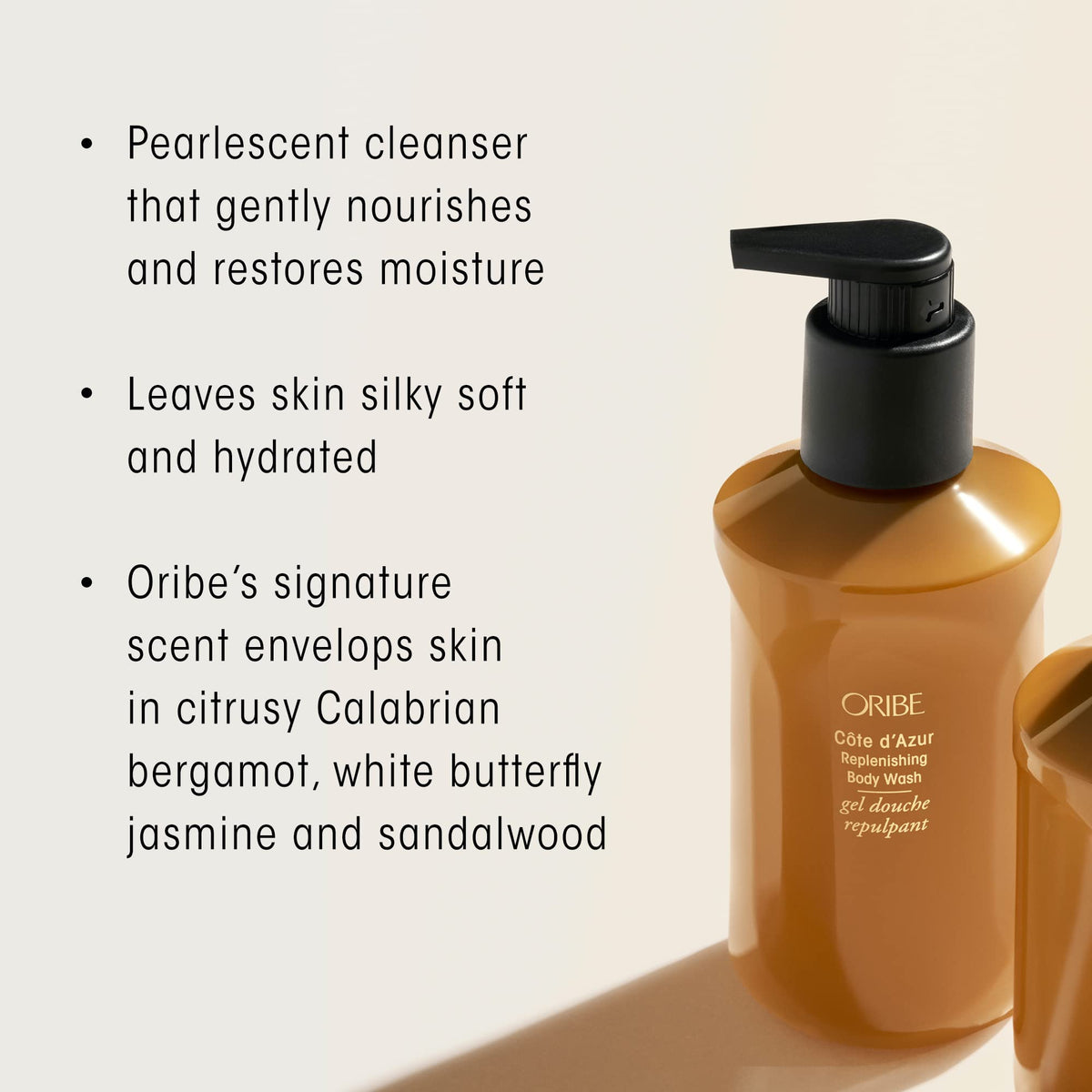 ORIBE pouring refill pouch into reusable bottle to demonstrate easy refill