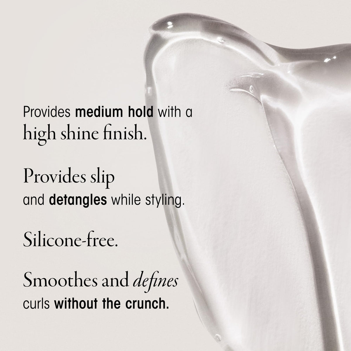 Oribe curl gel pumped onto hand demonstrating smooth, non-sticky dispense