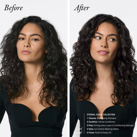 Oribe Eternal Curls before and after photos showing reduced frizz and shine