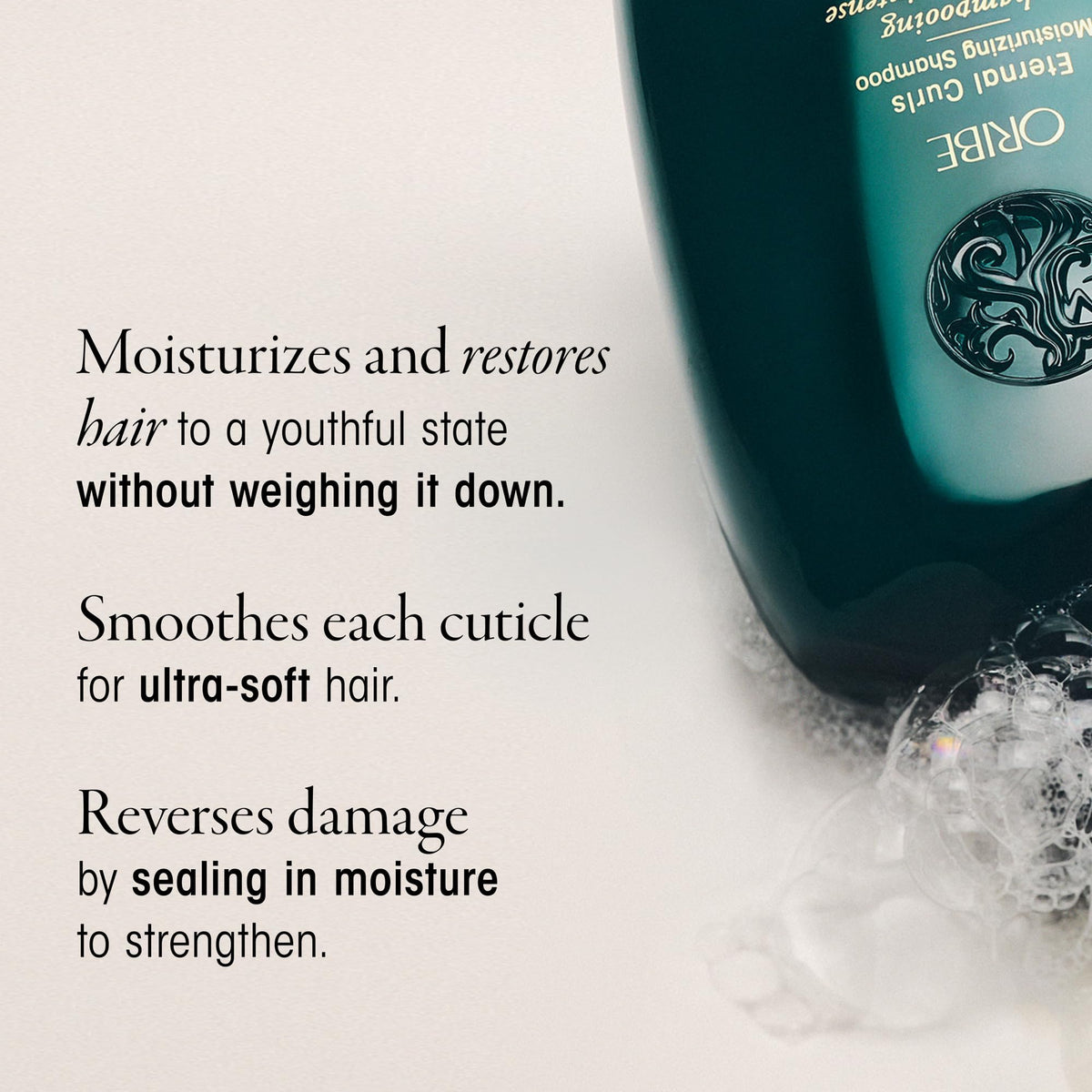 ORIBE label close-up highlighting ingredients that hydrate and smooth