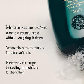 ORIBE label close-up highlighting ingredients that hydrate and smooth