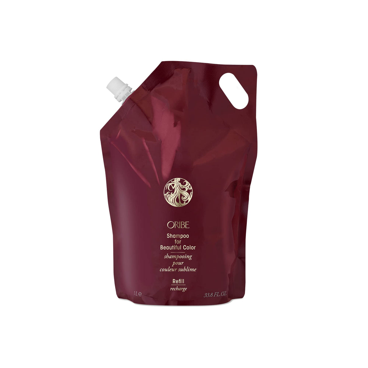ORIBE front packaging liter refill showcasing product and size benefits