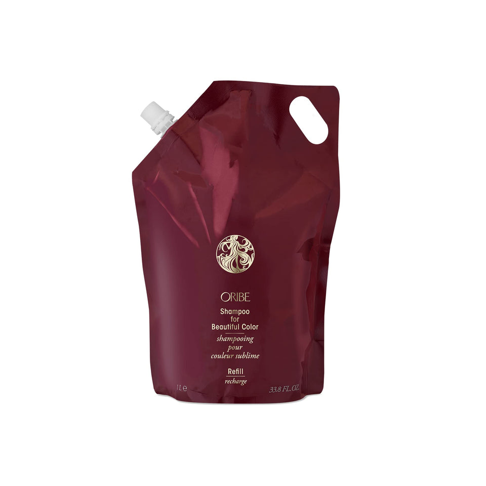 ORIBE front packaging liter refill showcasing product and size benefits