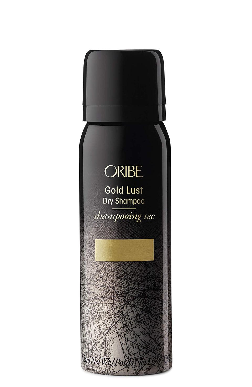 Oribe Gold Lust dry shampoo front packaging showing travel-size convenience and fresh hair benefit