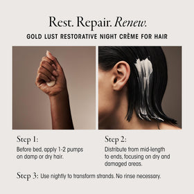 Oribe Gold Lust styled on bathroom shelf conveying luxury routine and ease