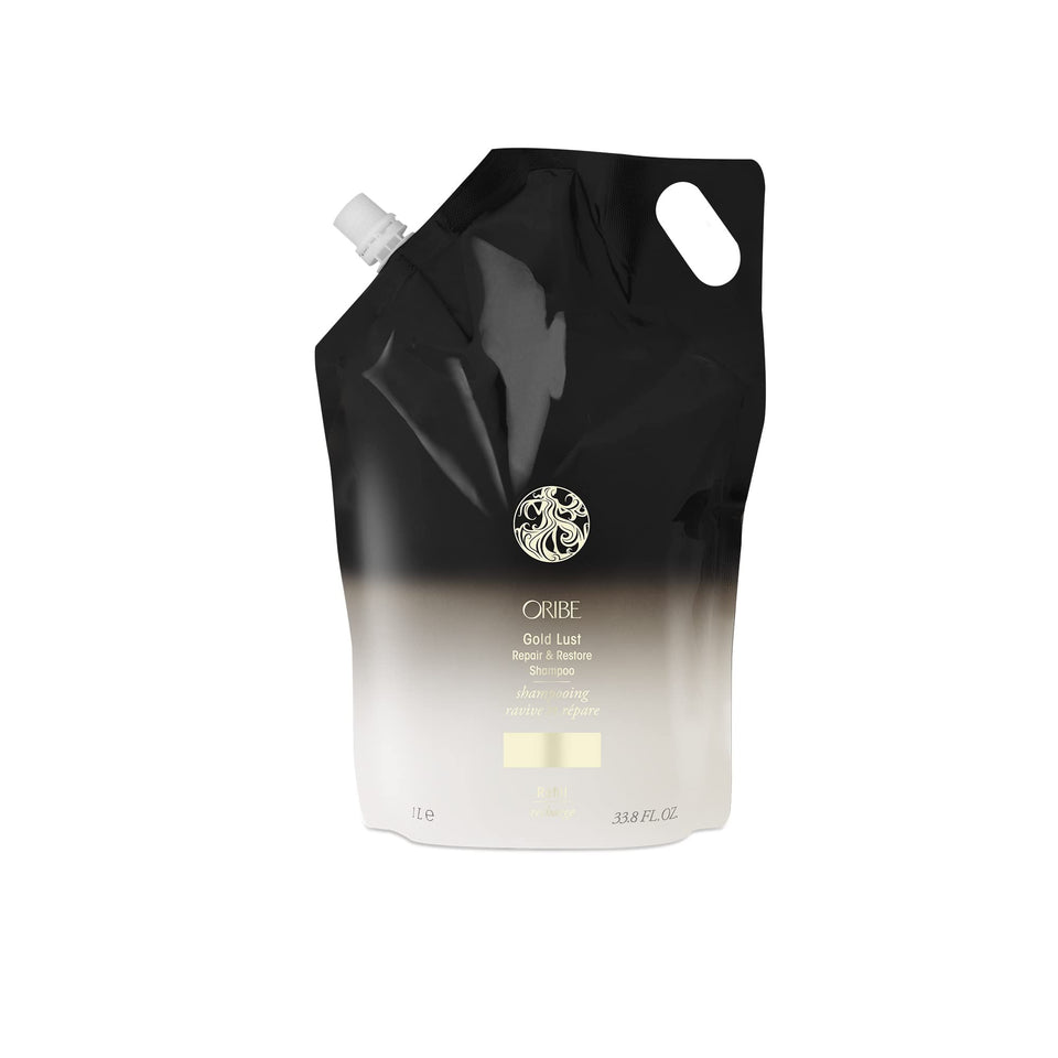 ORIBE Liter refill pouch front view showing sustainable packaging and luxury formula benefits