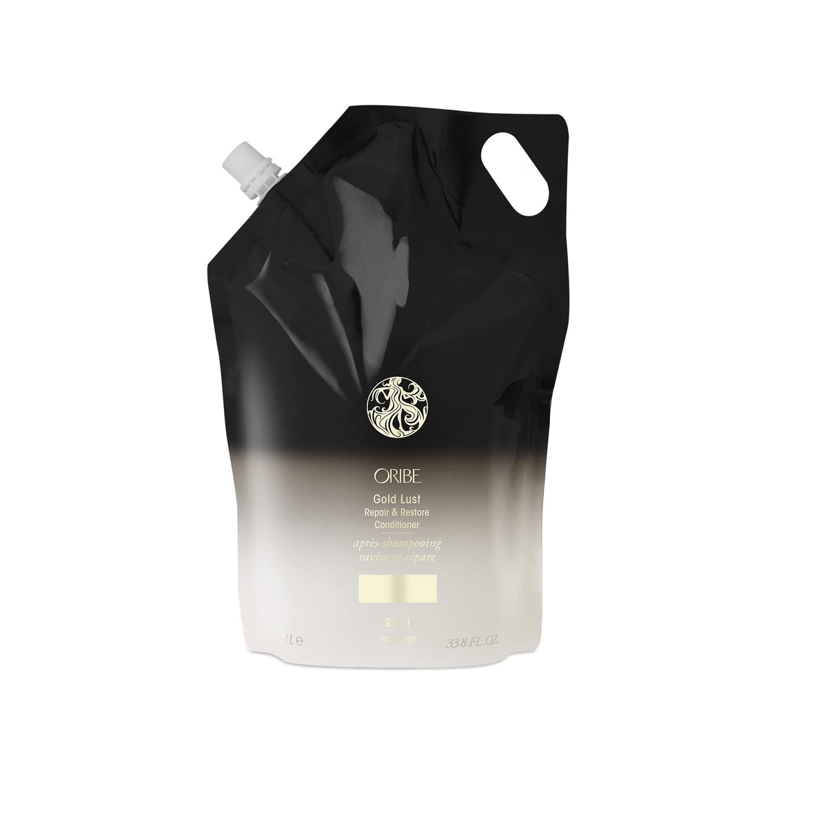 Oribe Gold Lust refill pouch front view showing eco-friendly packaging and luxury benefits