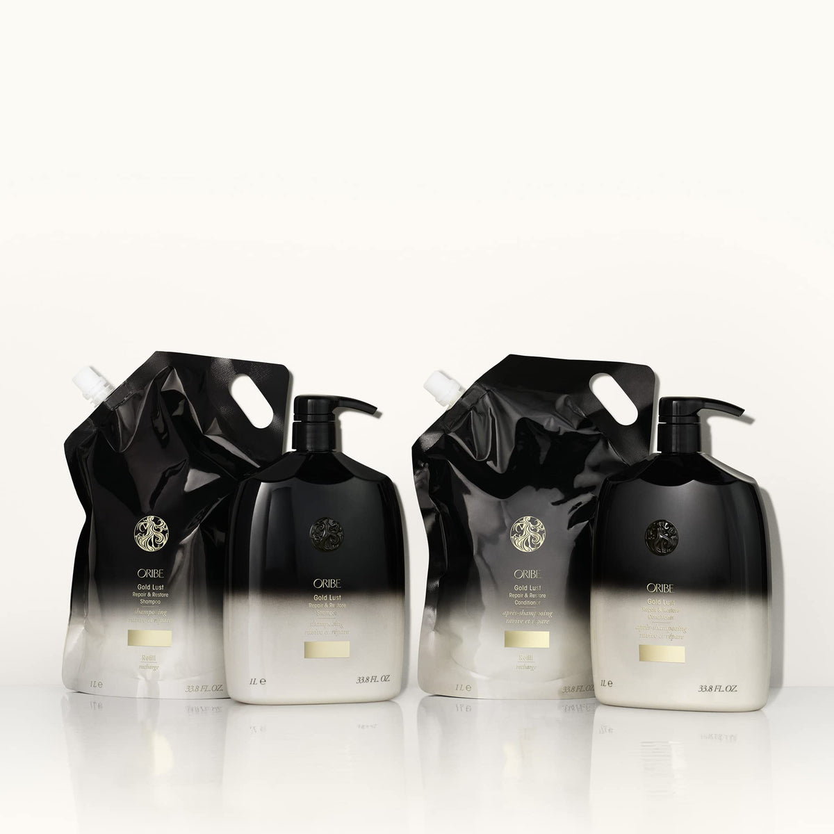 Oribe Gold Lust on a salon station, Oribe professional refill reduces plastic use