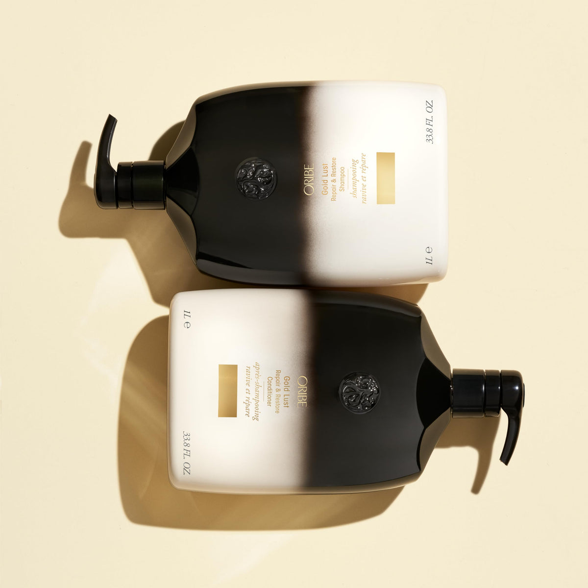 Oribe 33.8 oz bottle beside everyday items to show scale and value